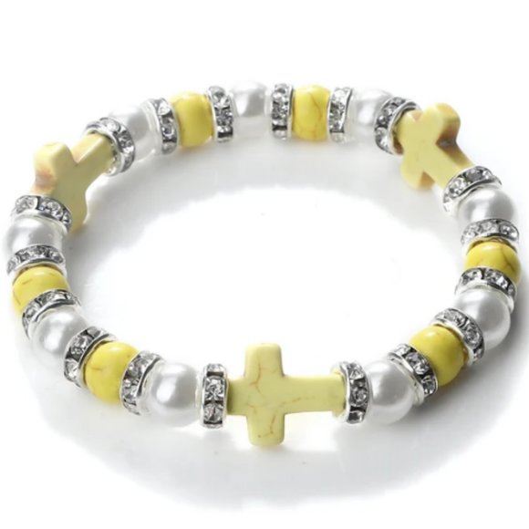Cross Bracelet,Glass Pearl Bracelet,Pearl Cross Bracelet,Cross Beaded Bracelet - Picture 1 of 1